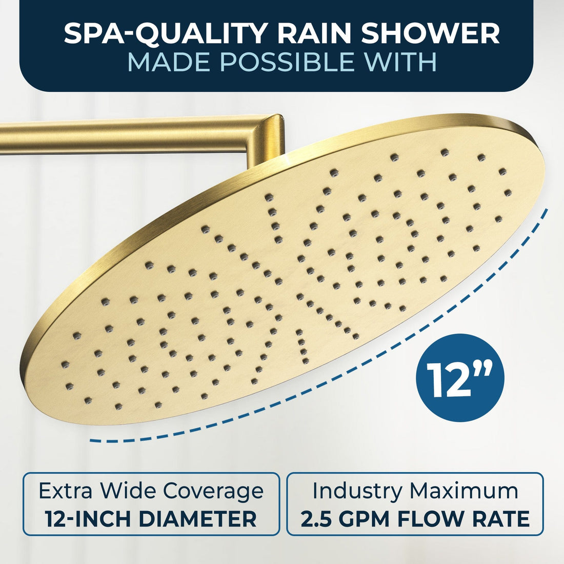 Dimensions 12 Inch Rain Shower Head with Arm Brushed Gold / 2.5 - The Shower Head Store