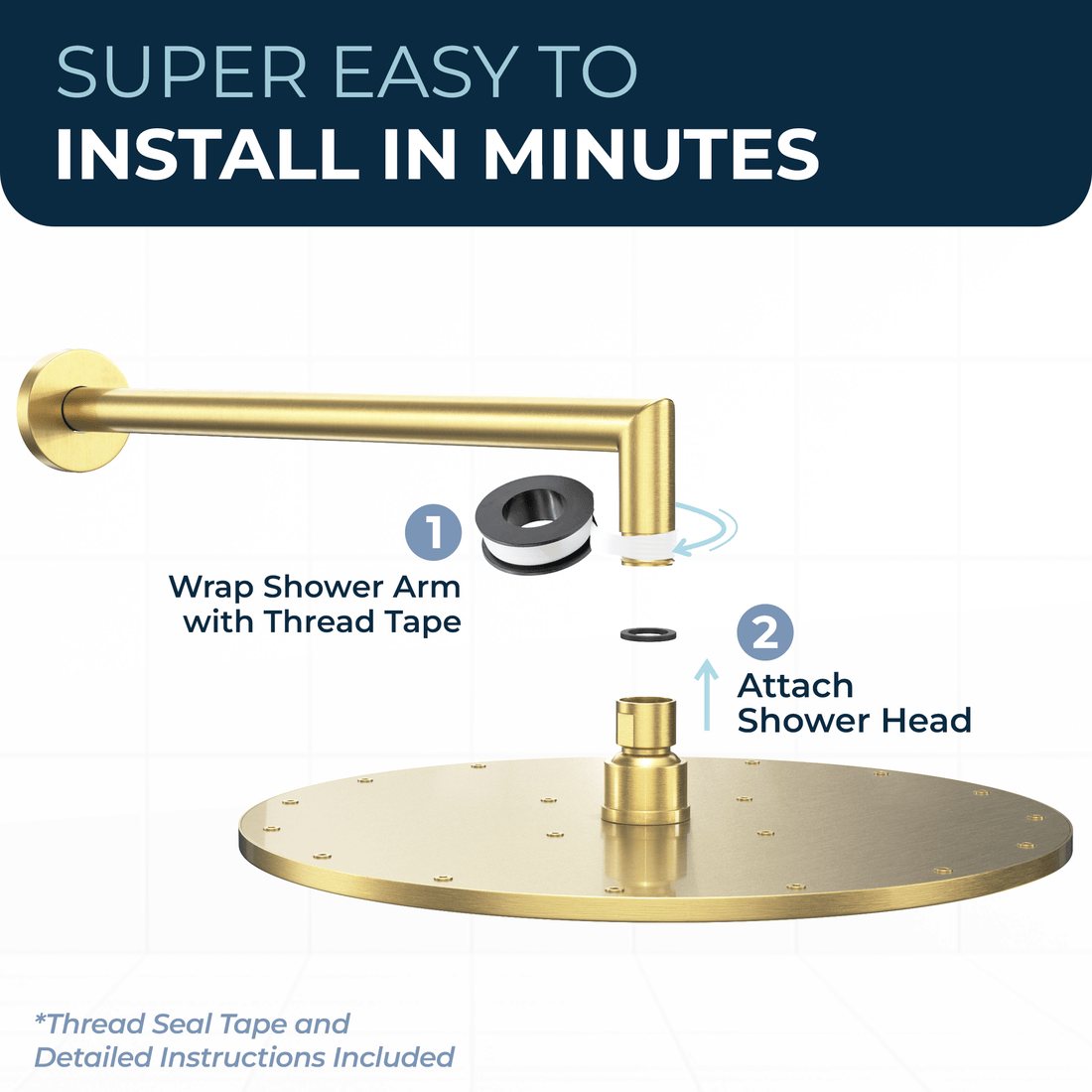 Installs in Minutes 12 Inch Rain Shower Head with Arm Brushed Gold / 2.5 - The Shower Head Store