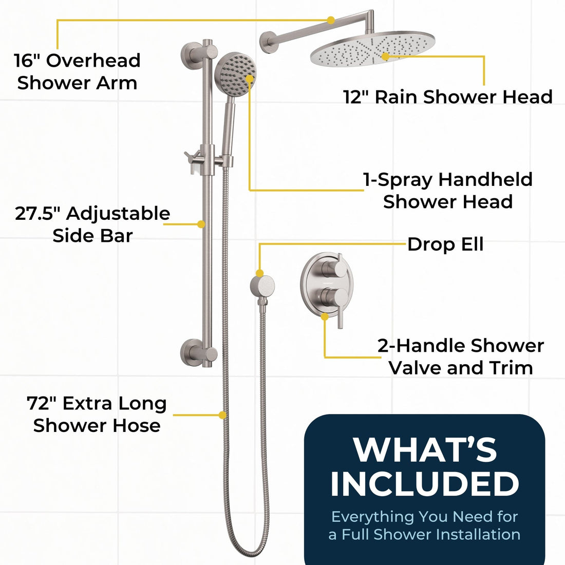 What's Included All Metal Shower Slide Bar With Handheld Shower Head – Complete Shower System With Valve And Trim Brushed Nickel  / 2.5 - The Shower Head Store