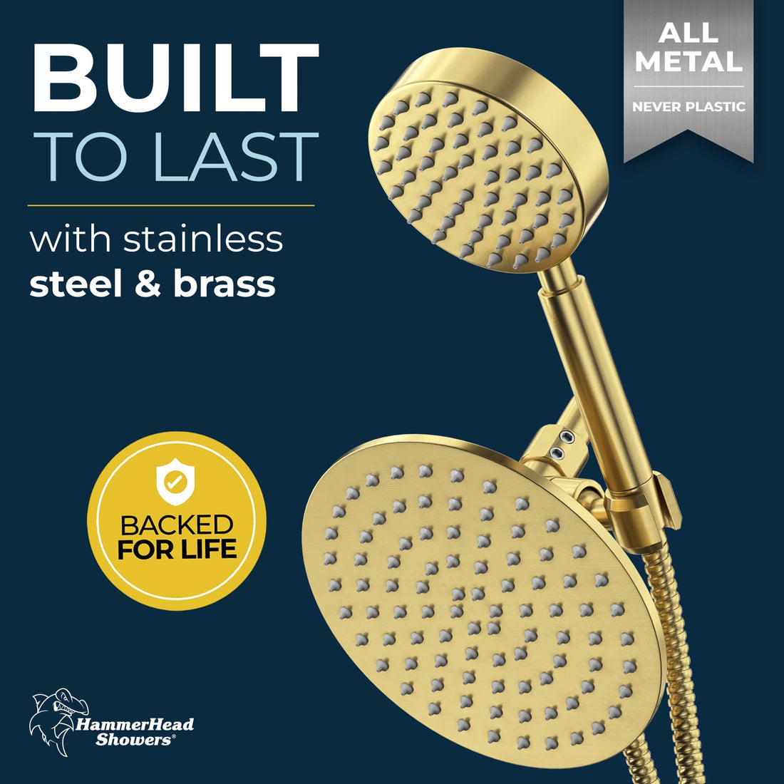 Built to Last All Metal Dual Shower Head Combo Rainfall and Handheld Shower Head Brushed Gold - The Shower Head Store