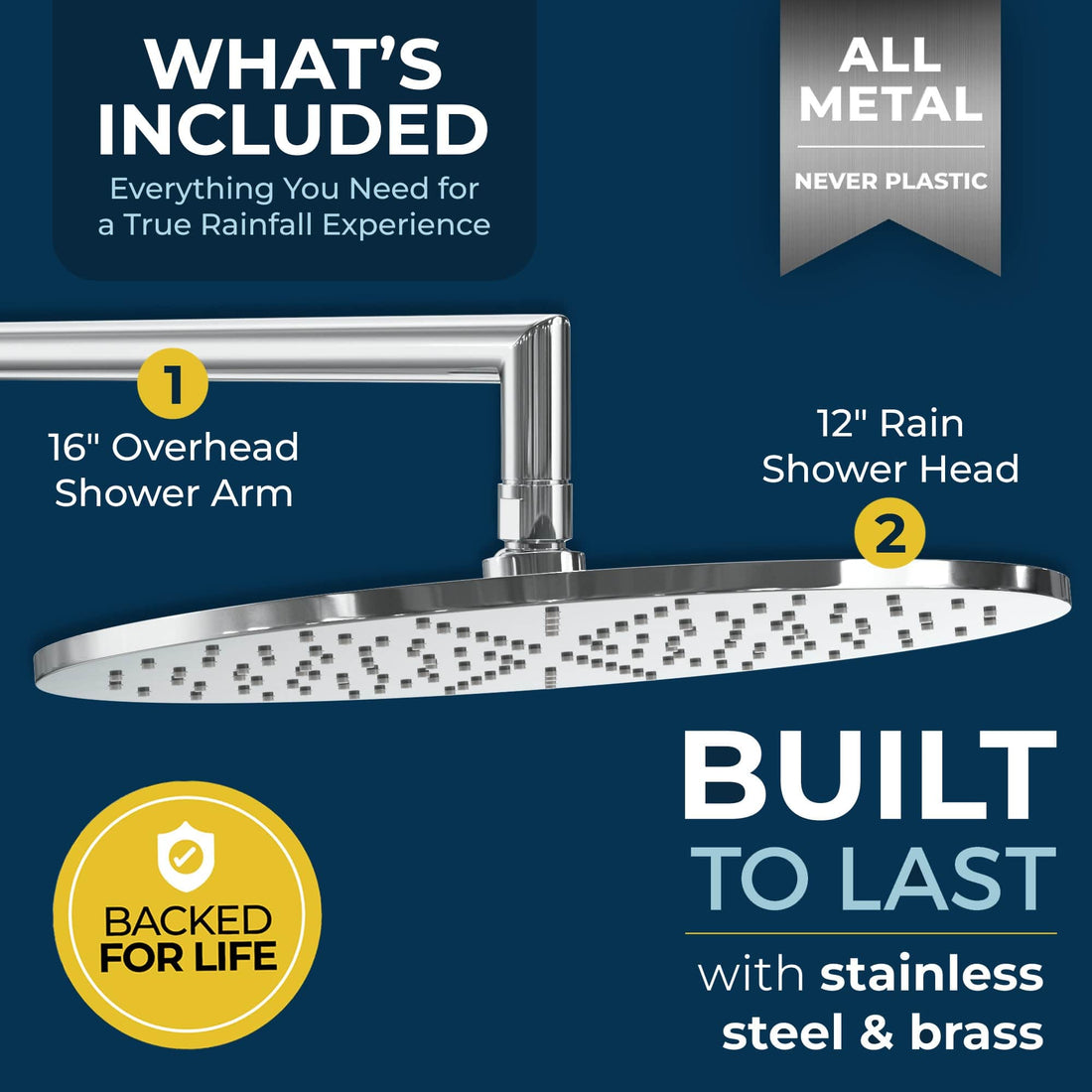 Whats Included 12 Inch Rain Shower Head with Arm Chrome / 2.5 - The Shower Head Store