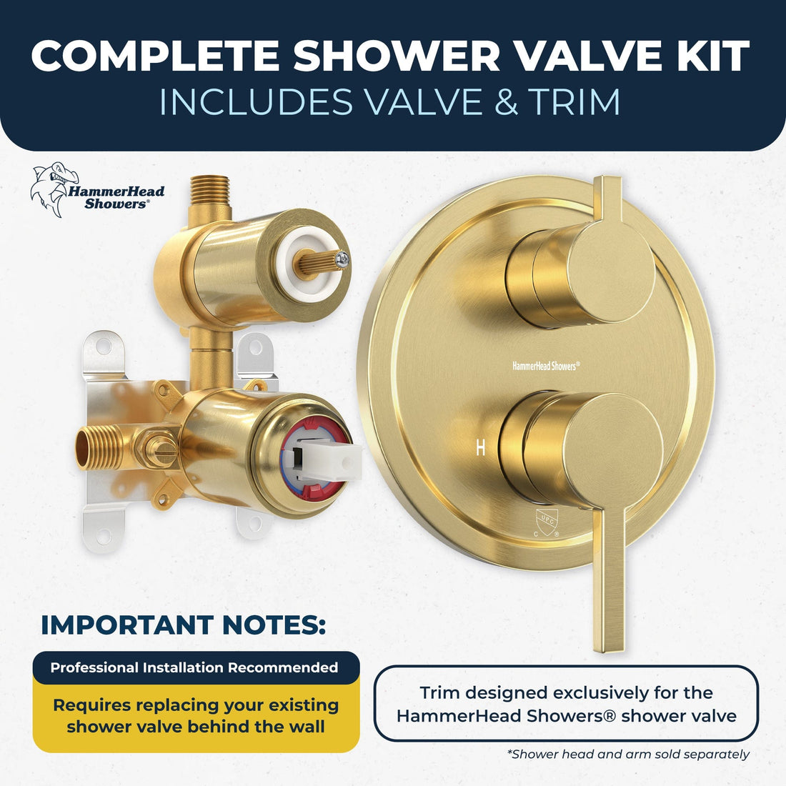 Complete Kit 2-Handle Valve and Trim Brushed Gold  - The Shower Head Store