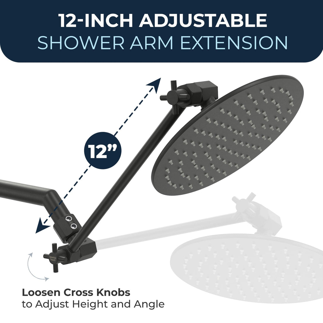 Dimensions 12 Inch Adjustable Shower Arm Extension V3 12 Inch / Matte Black - The Shower Head Store