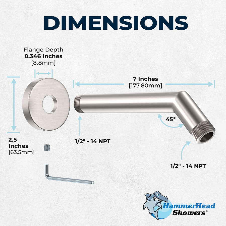 Dimensions All Metal 7" Shower Arm Brushed Nickel  - The Shower Head Store