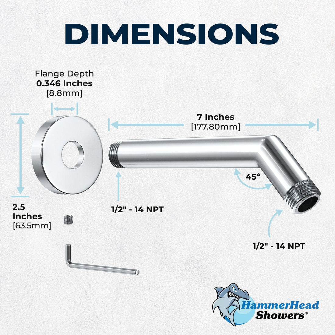 Dimensions All Metal 7" Shower Arm Chrome - The Shower Head Store