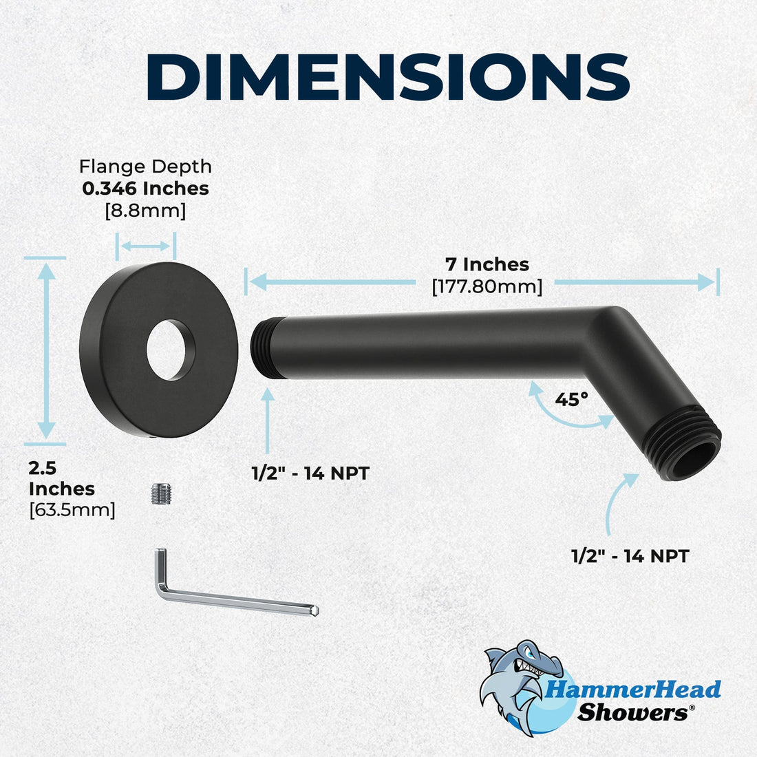 Dimensions All Metal 7" Shower Arm Matte Black  - The Shower Head Store