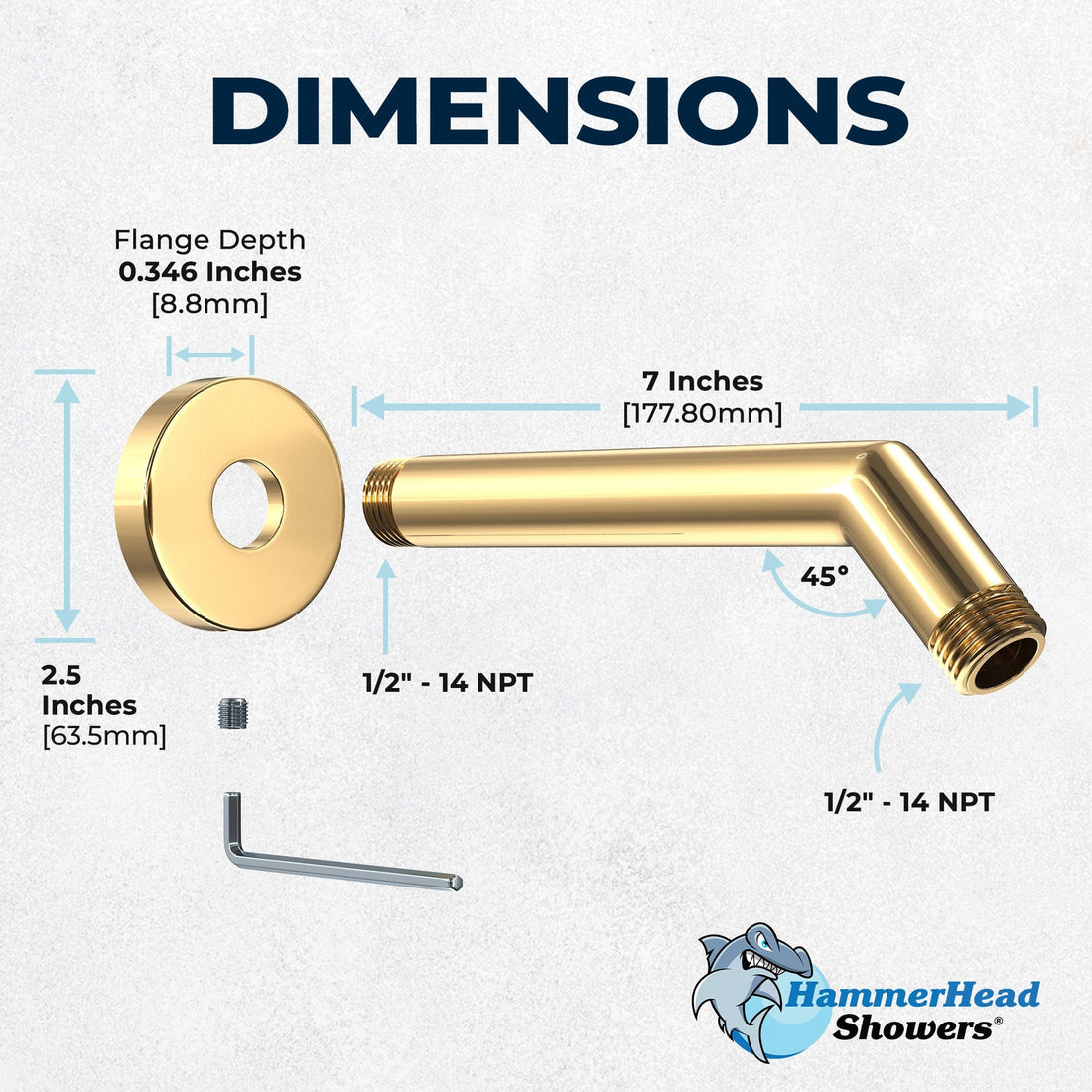 Dimensions All Metal 7" Shower Arm Polished Brass  - The Shower Head Store