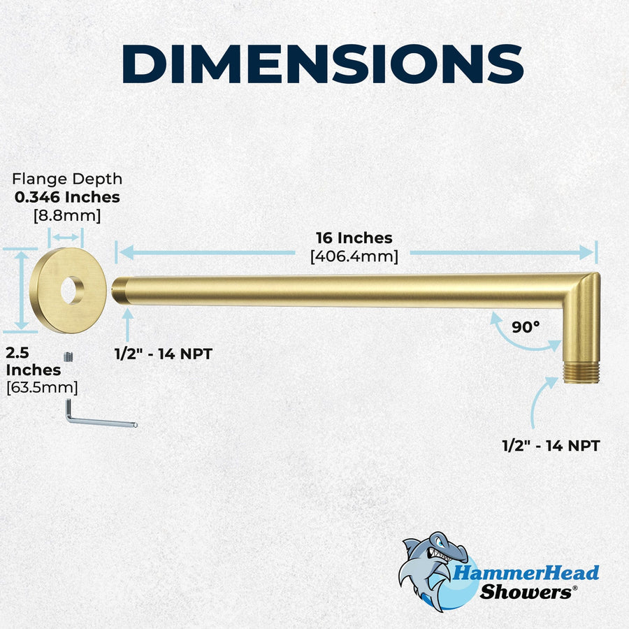 Dimensions J-Shaped Overhead Shower Arm Brushed Gold  - The Shower Head Store