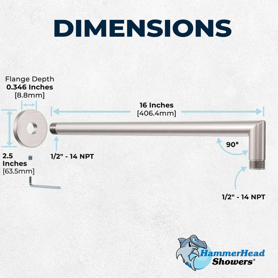 Dimensions 12 Inch Rain Shower Head with Arm Brushed Nickel / 2.5 - The Shower Head Store