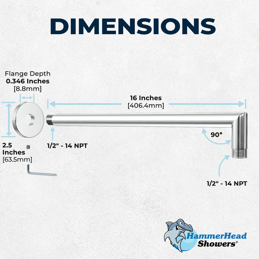 Dimensions J-Shaped Overhead Shower Arm Chrome - The Shower Head Store