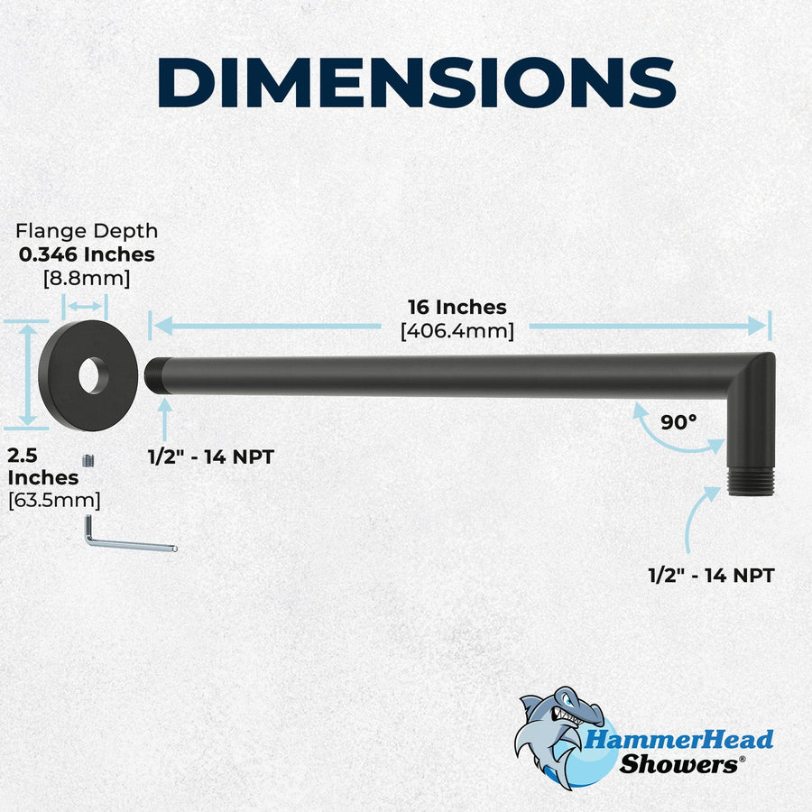 Dimensions J-Shaped Overhead Shower Arm Matte Black  - The Shower Head Store