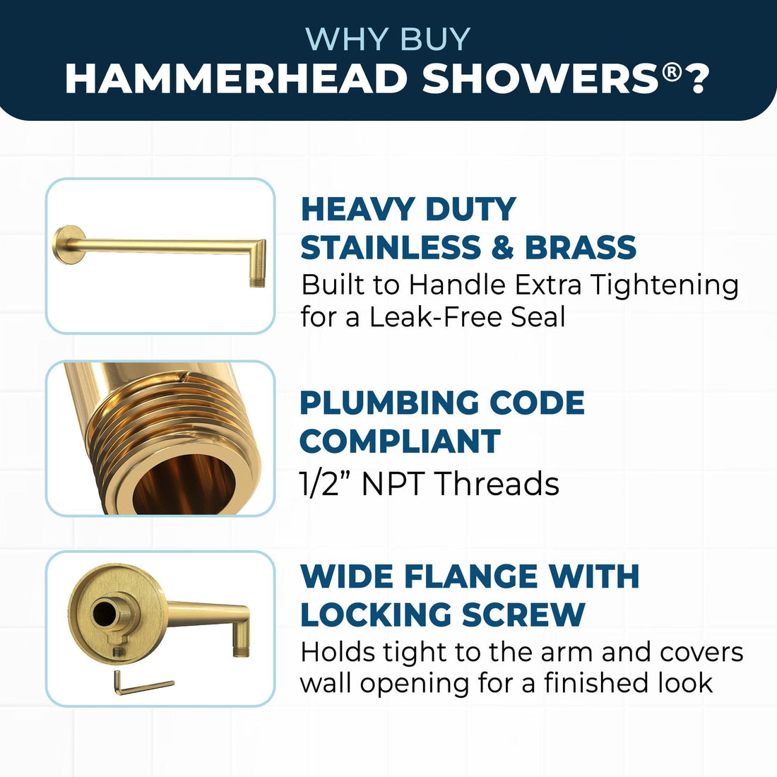 Features J-Shaped Overhead Shower Arm Brushed Gold  - The Shower Head Store