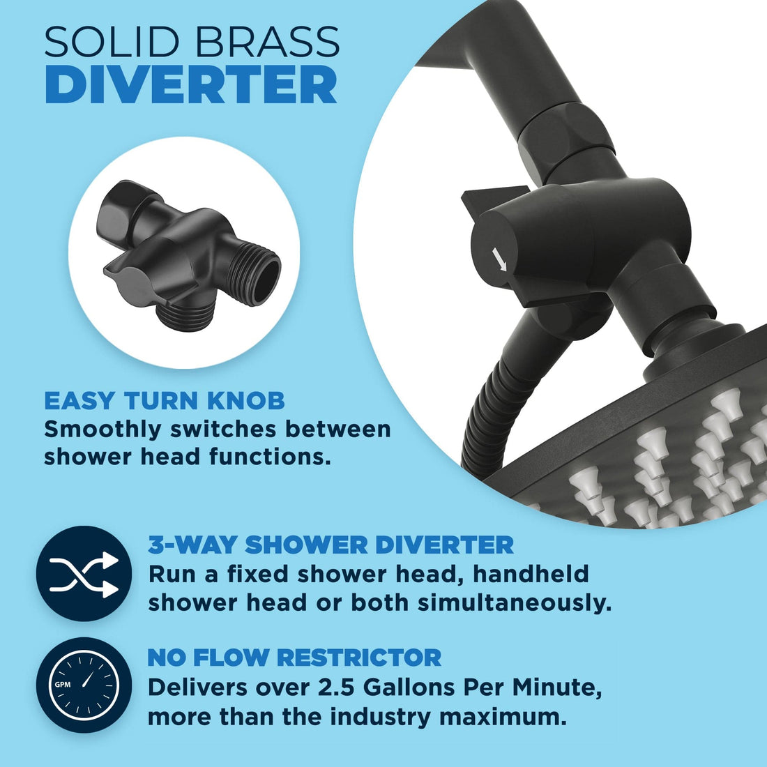 Diverter 1-Spray Dual Shower Head with Adjustable Arm and Shower Head Wall Mount Matte Black / 2.5 - The Shower Head Store