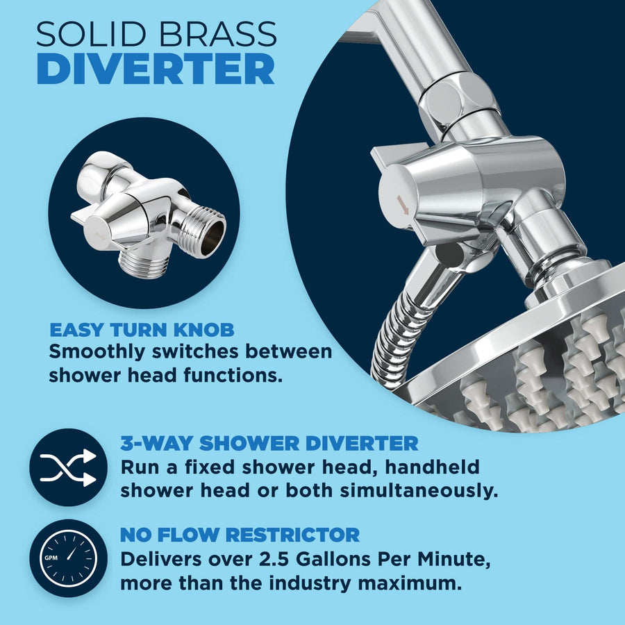 Diverter 1-Spray Dual Shower Head with Adjustable Arm and Shower Head Wall Mount Chrome/ 2.5 - The Shower Head Store