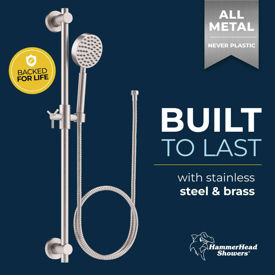 Built to Last ALL Metal Shower Slide Bar with Hand Held Shower Head & Hose Brushed Nickel - The Shower Head Store