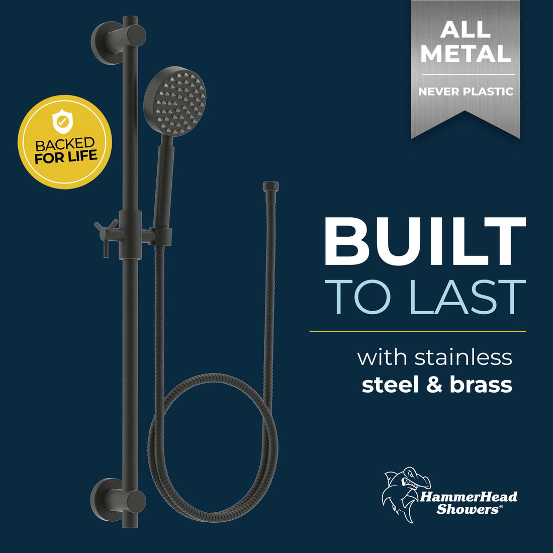 Built to Last ALL Metal Shower Slide Bar with Hand Held Shower Head & Hose Matte Black - The Shower Head Store