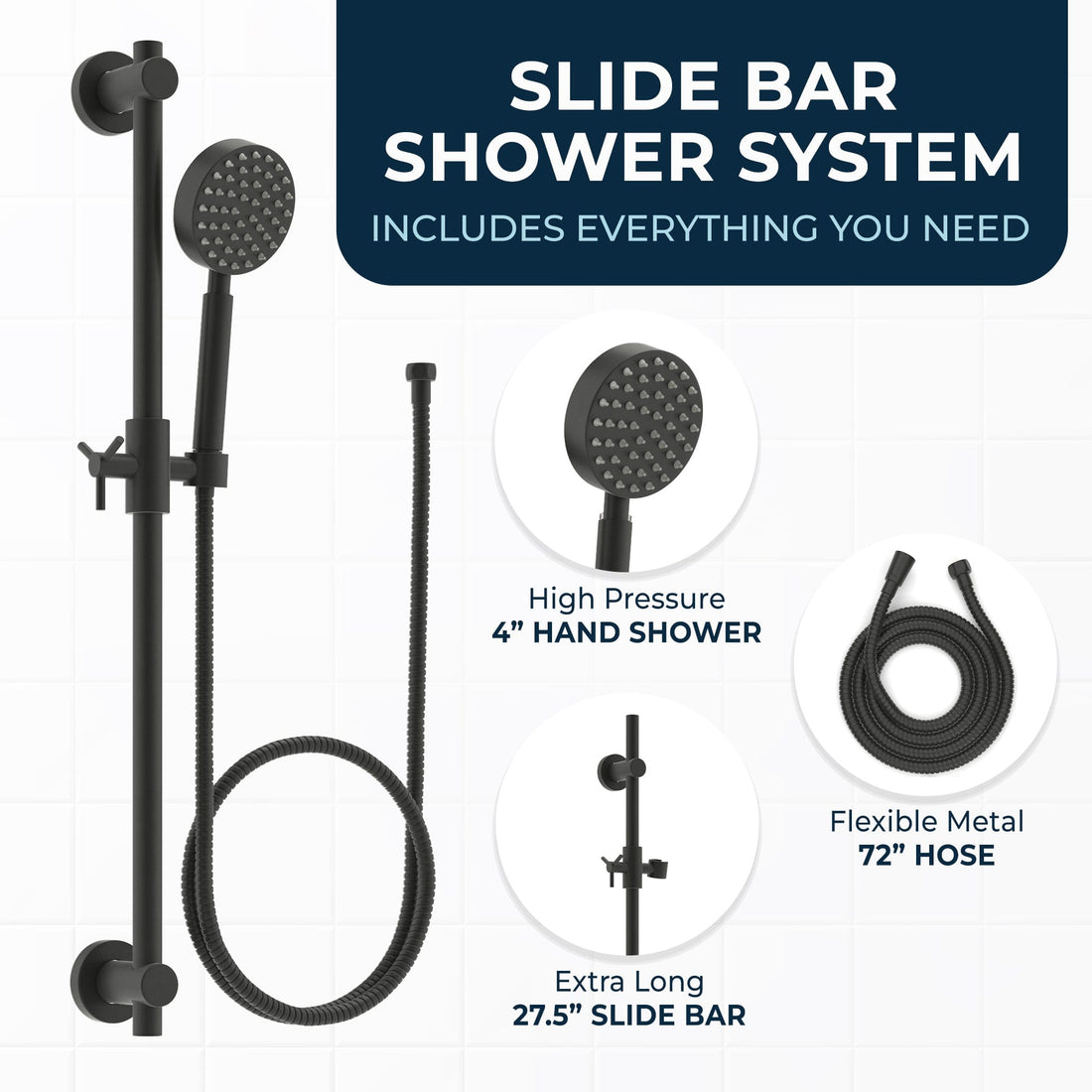 Everything You Need ALL Metal Shower Slide Bar with Hand Held Shower Head & Hose Matte Black - The Shower Head Store