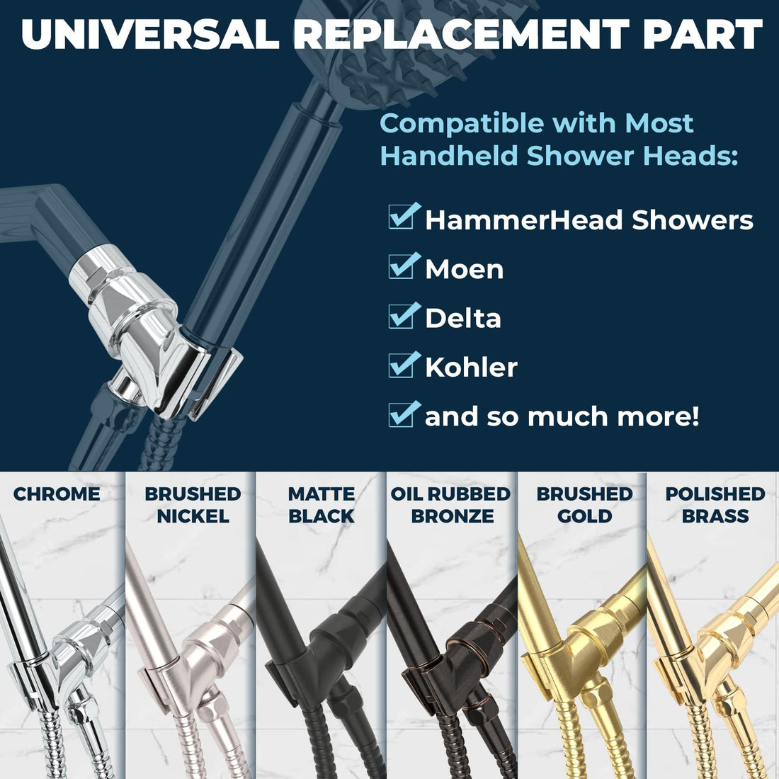 All Metal Handheld Shower Head Holder - Chrome - Adjustable Shower Wand Holder with Universal Wall Hook Bracket and Brass Pivot Ball - Hand Held