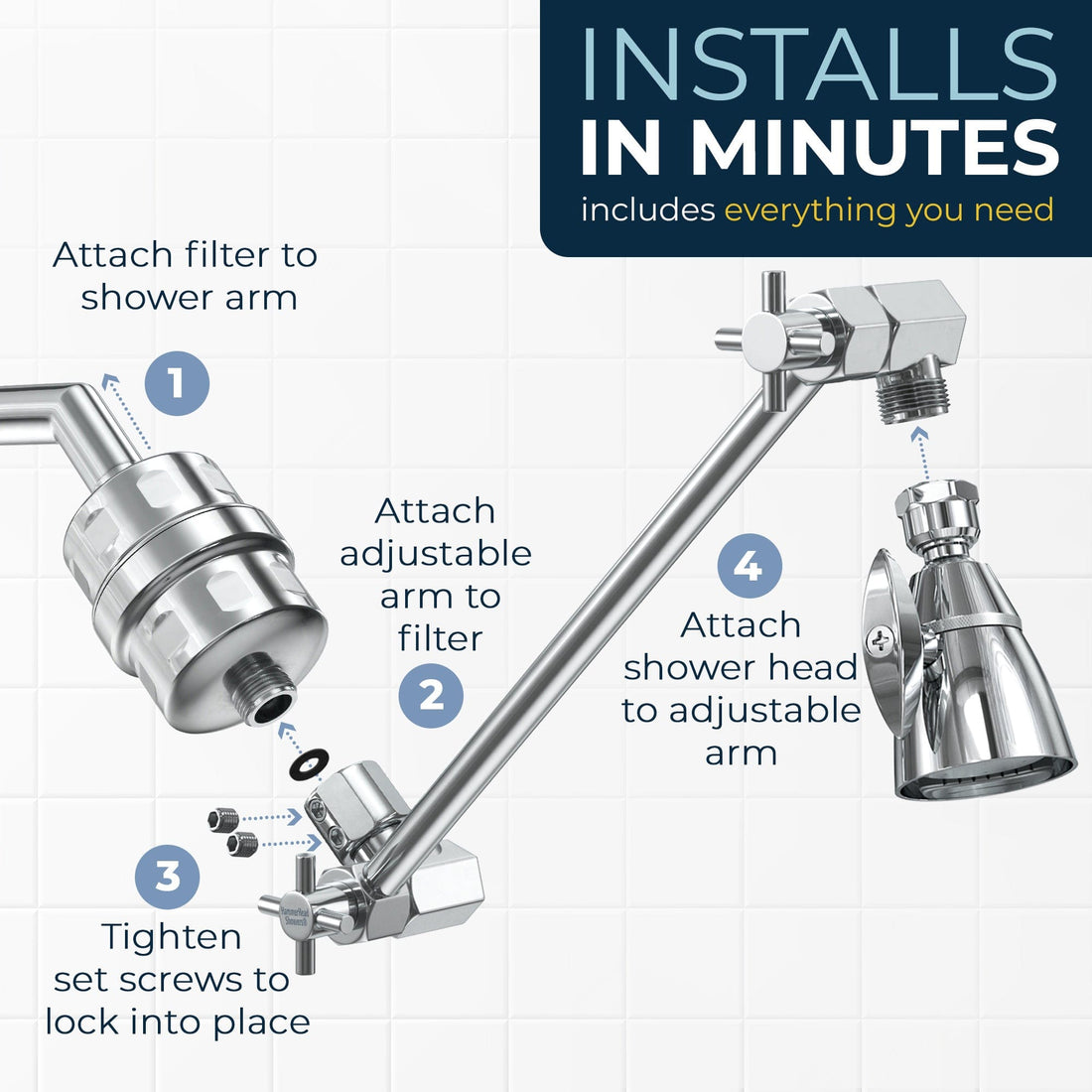 All Metal Shower Head Filter with Adjustable Shower Arm Extension