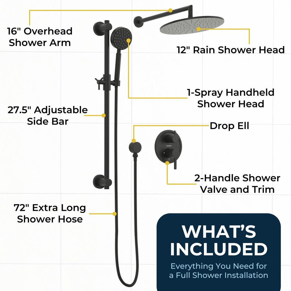 What's Included All Metal Shower Slide Bar With Handheld Shower Head – Complete Shower System With Valve And Trim Matte Black  / 2.5 - The Shower Head Store