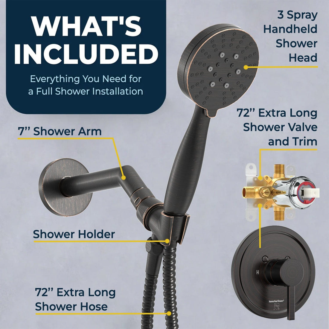 Inclusions 3-Spray Handheld Shower Head Set with Valve and Trim Oil Rubbed Bronze / 2.5 - The Shower Head Store