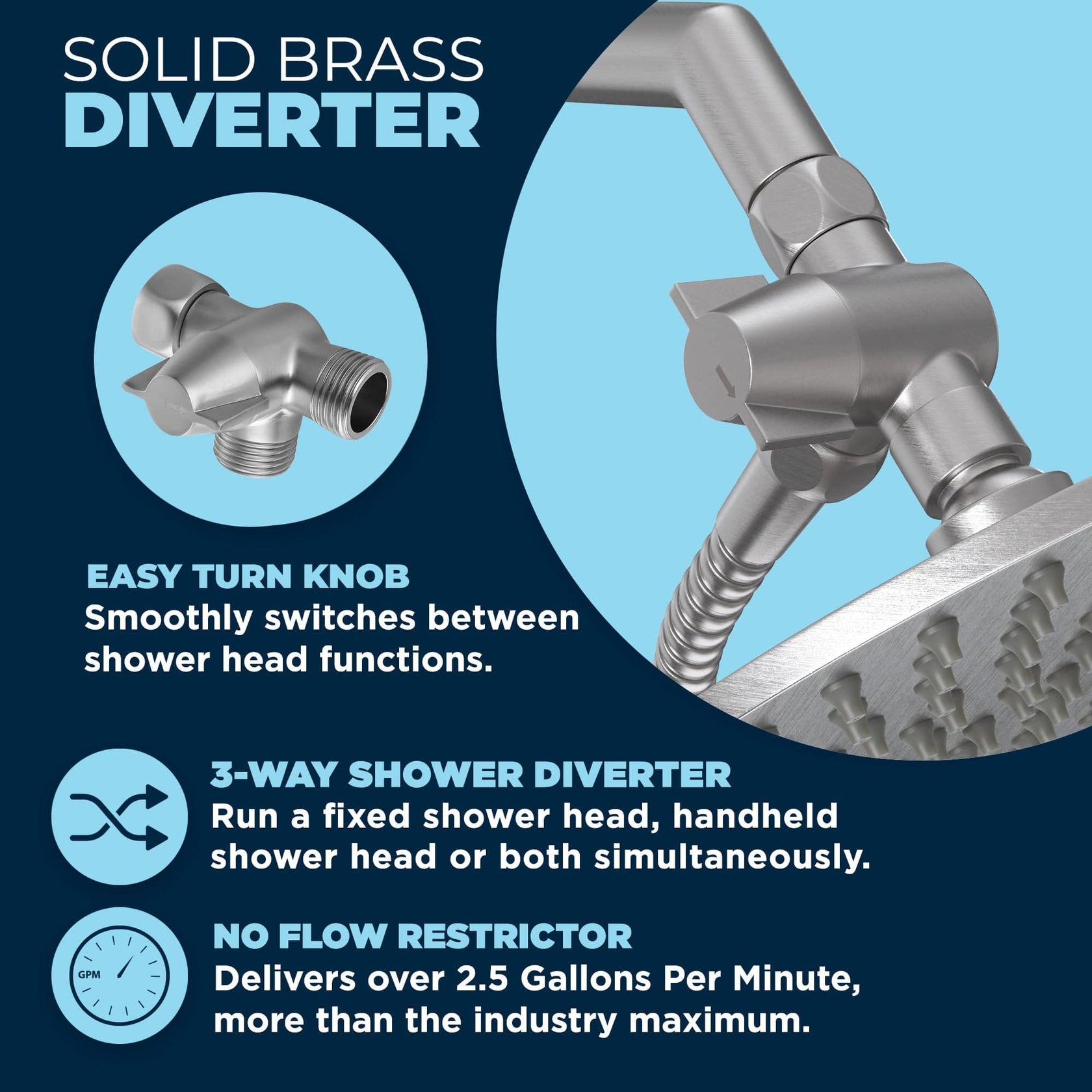 All Metal 3-Way Shower Arm Diverter Valve For Dual Shower Heads – The ...